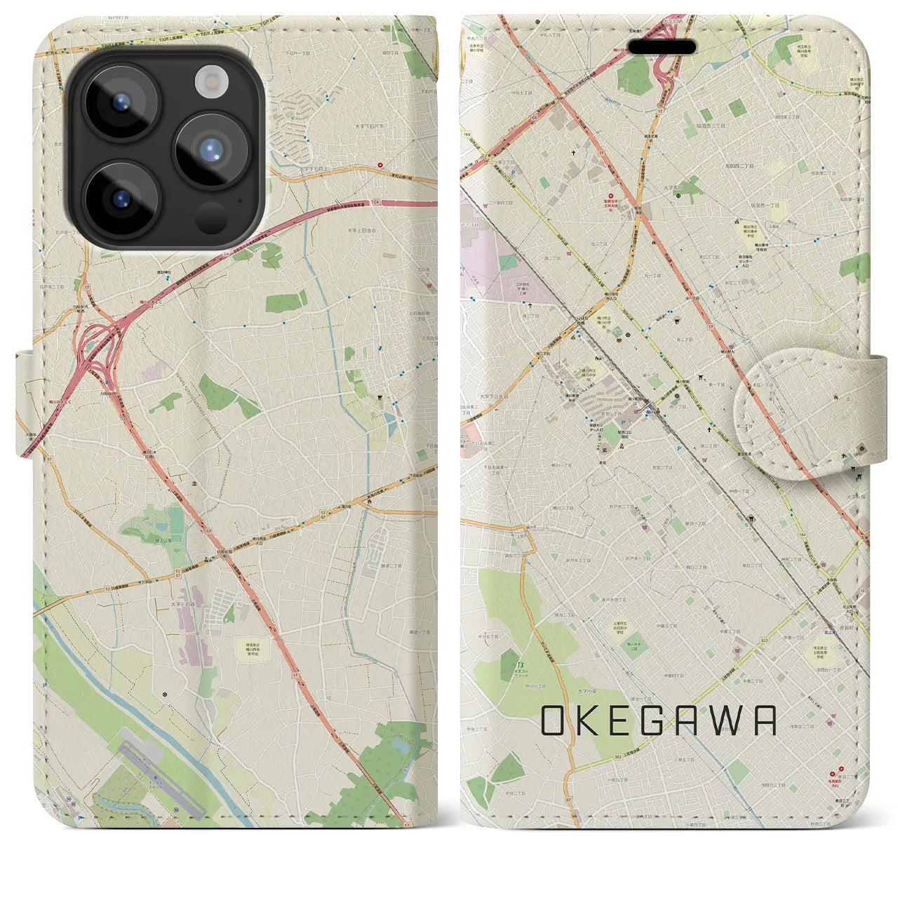 【桶川(埼玉県)】地図柄iPhoneケース(手帳タイプ)ナチュラル・iPhone 15 Pro Max 用
