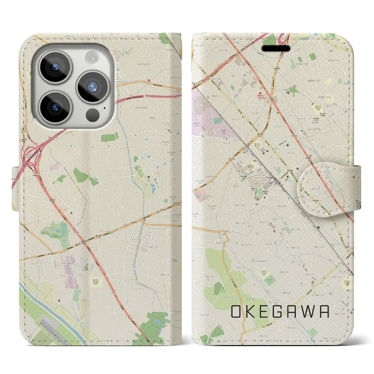 【桶川(埼玉県)】地図柄iPhoneケース(手帳タイプ)ナチュラル・iPhone 15 Pro 用