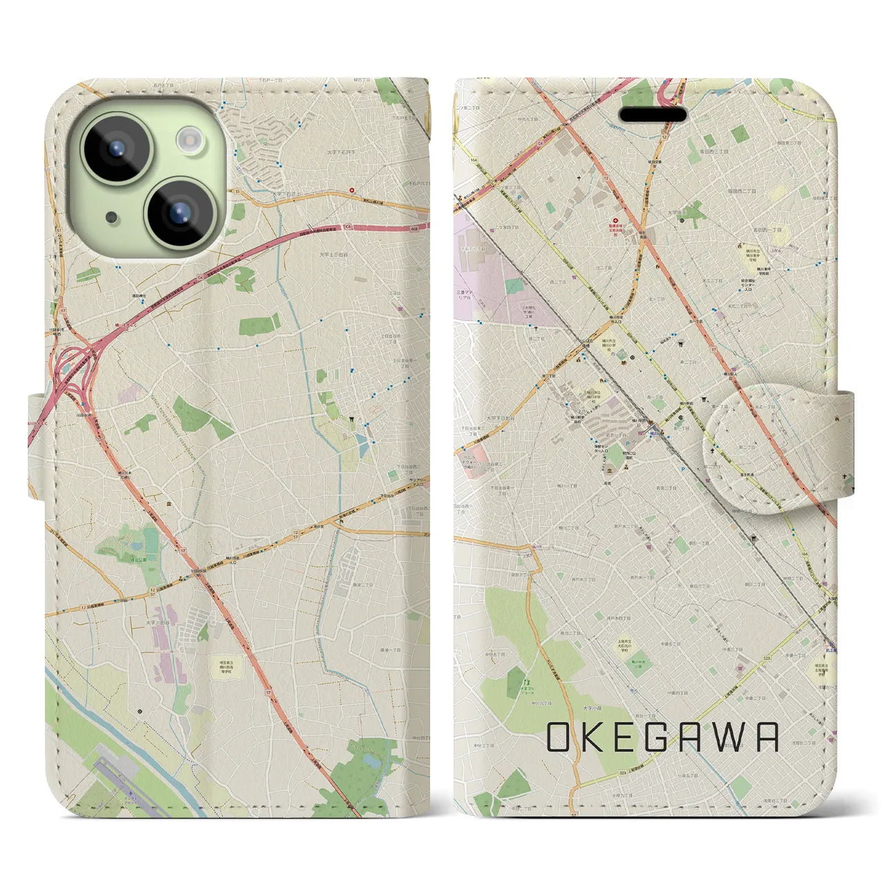 【桶川(埼玉県)】地図柄iPhoneケース(手帳タイプ)ナチュラル・iPhone 15 用