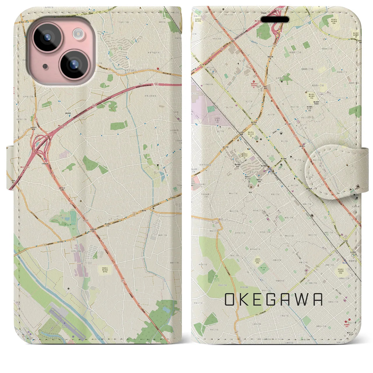 【桶川(埼玉県)】地図柄iPhoneケース(手帳タイプ)ナチュラル・iPhone 15 Plus 用