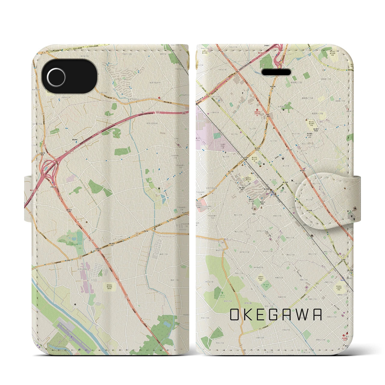 【桶川(埼玉県)】地図柄iPhoneケース(手帳タイプ)ナチュラル・iPhone SE(第3 / 第2世代) / 8 / 7 / 6s / 6 用