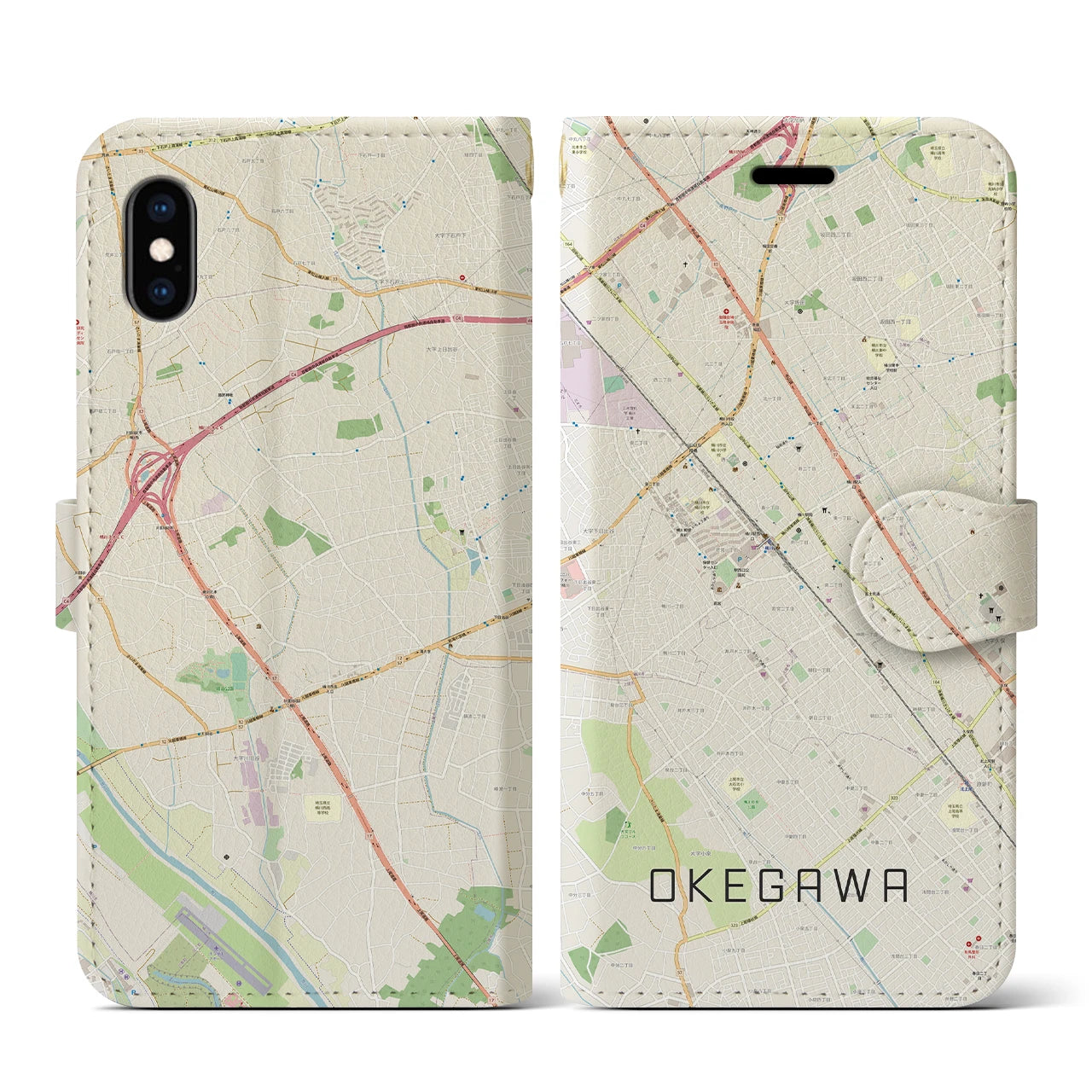 【桶川(埼玉県)】地図柄iPhoneケース(手帳タイプ)ナチュラル・iPhone XS / X 用