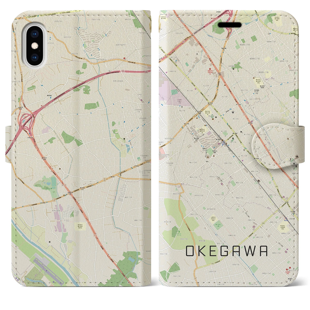 【桶川(埼玉県)】地図柄iPhoneケース(手帳タイプ)ナチュラル・iPhone XS Max 用