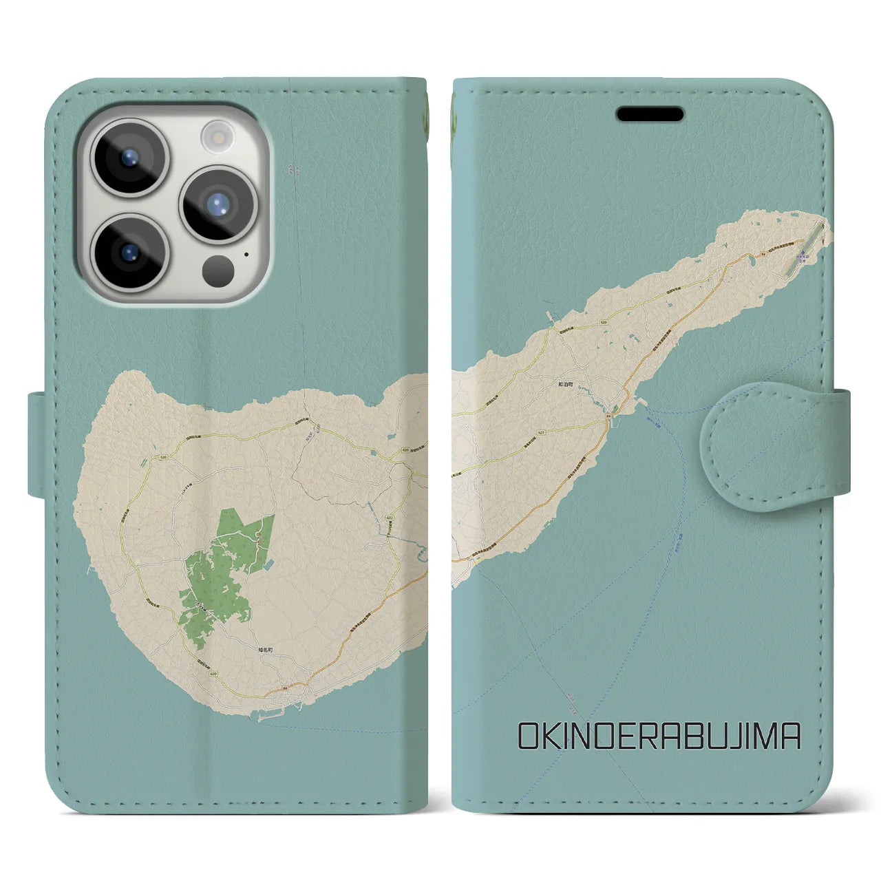 【沖永良部島(鹿児島県)】地図柄iPhoneケース(手帳タイプ)ナチュラル・iPhone 15 Pro 用