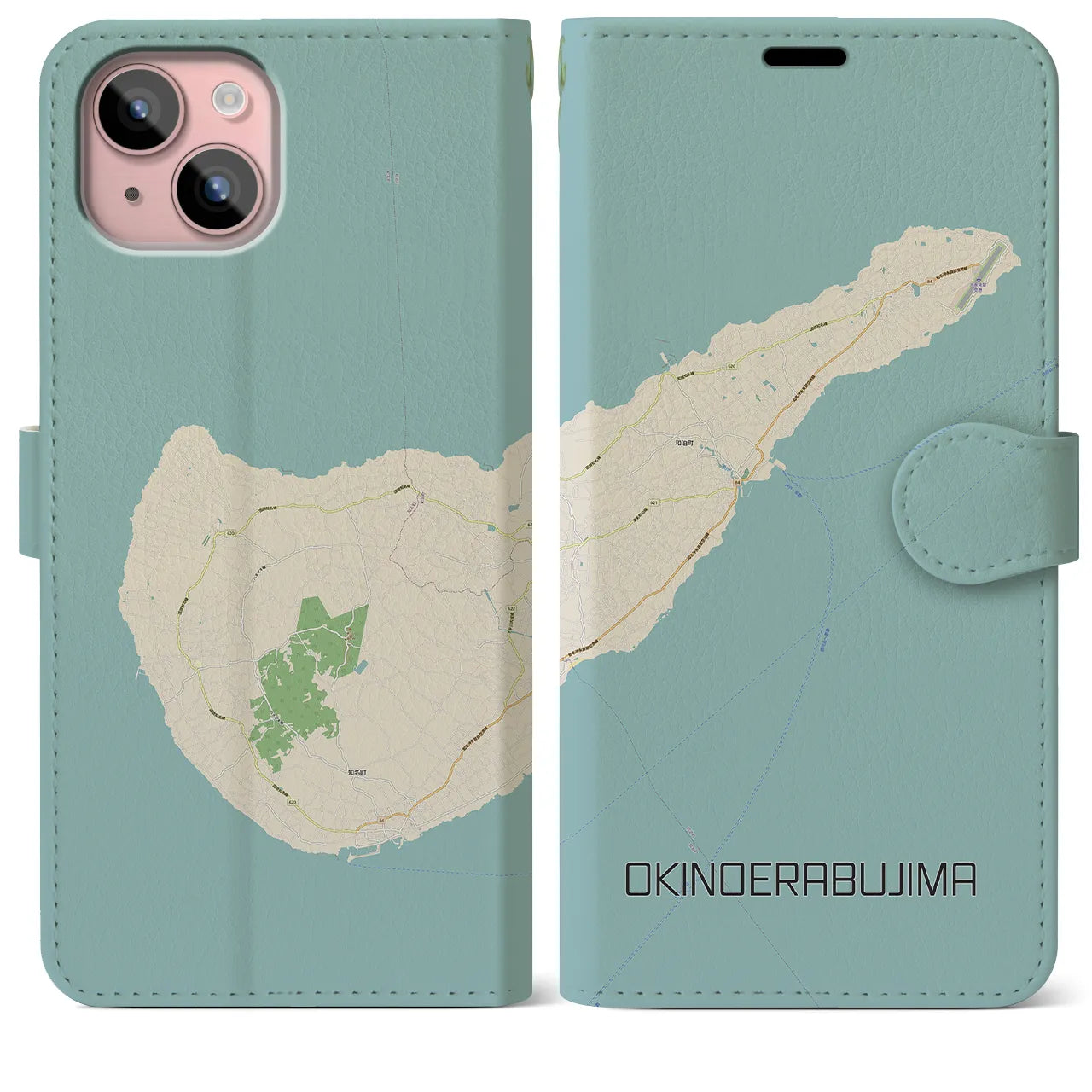 【沖永良部島(鹿児島県)】地図柄iPhoneケース(手帳タイプ)ナチュラル・iPhone 15 Plus 用