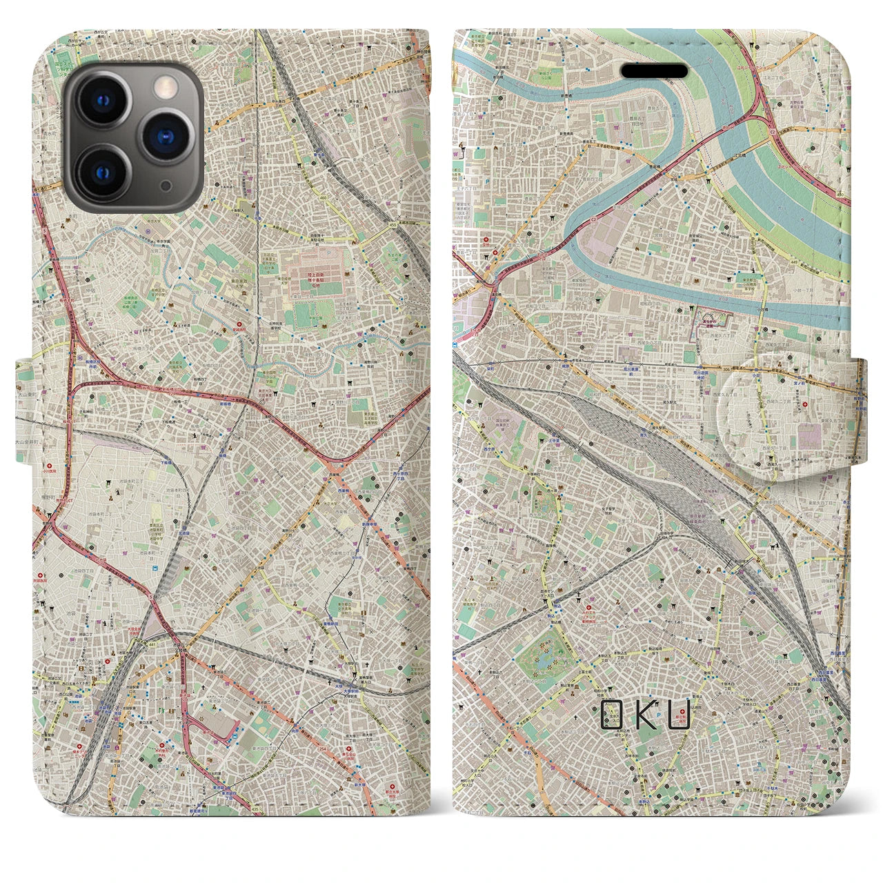 【尾久(東京都)】地図柄iPhoneケース(手帳タイプ)ナチュラル・iPhone 11 Pro Max 用
