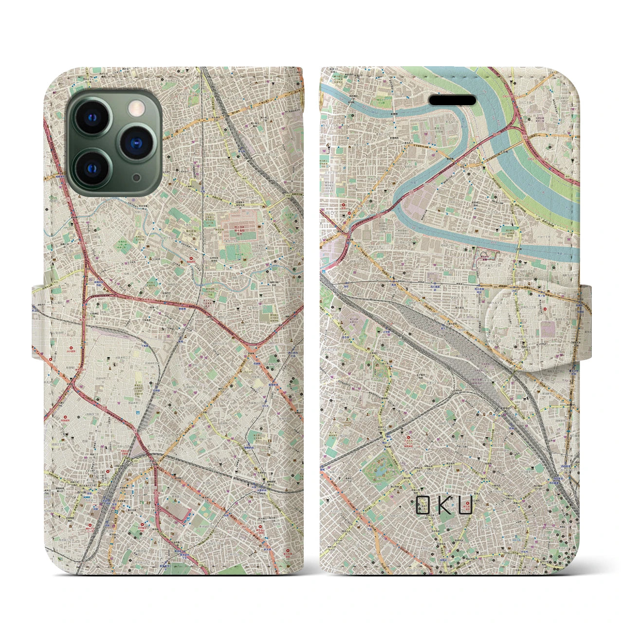 【尾久(東京都)】地図柄iPhoneケース(手帳タイプ)ナチュラル・iPhone 11 Pro 用