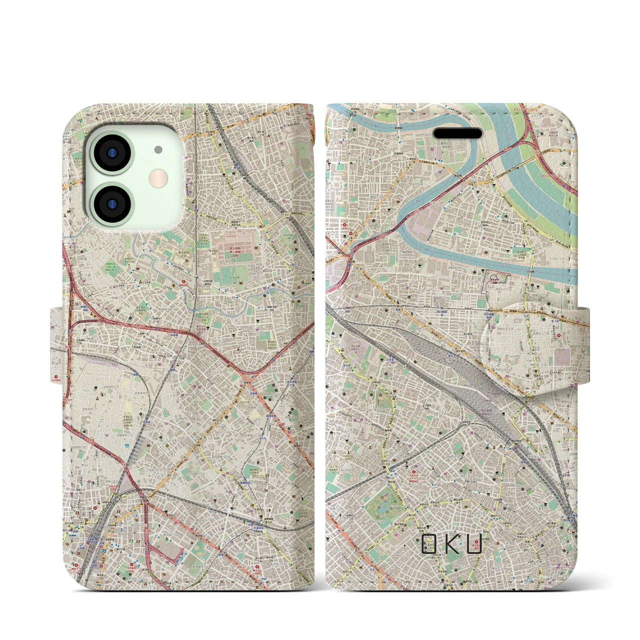 【尾久(東京都)】地図柄iPhoneケース(手帳タイプ)ナチュラル・iPhone 12 mini 用