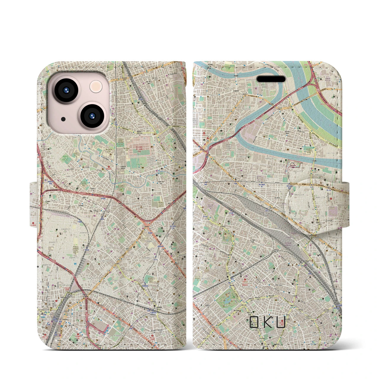 【尾久(東京都)】地図柄iPhoneケース(手帳タイプ)ナチュラル・iPhone 13 mini 用