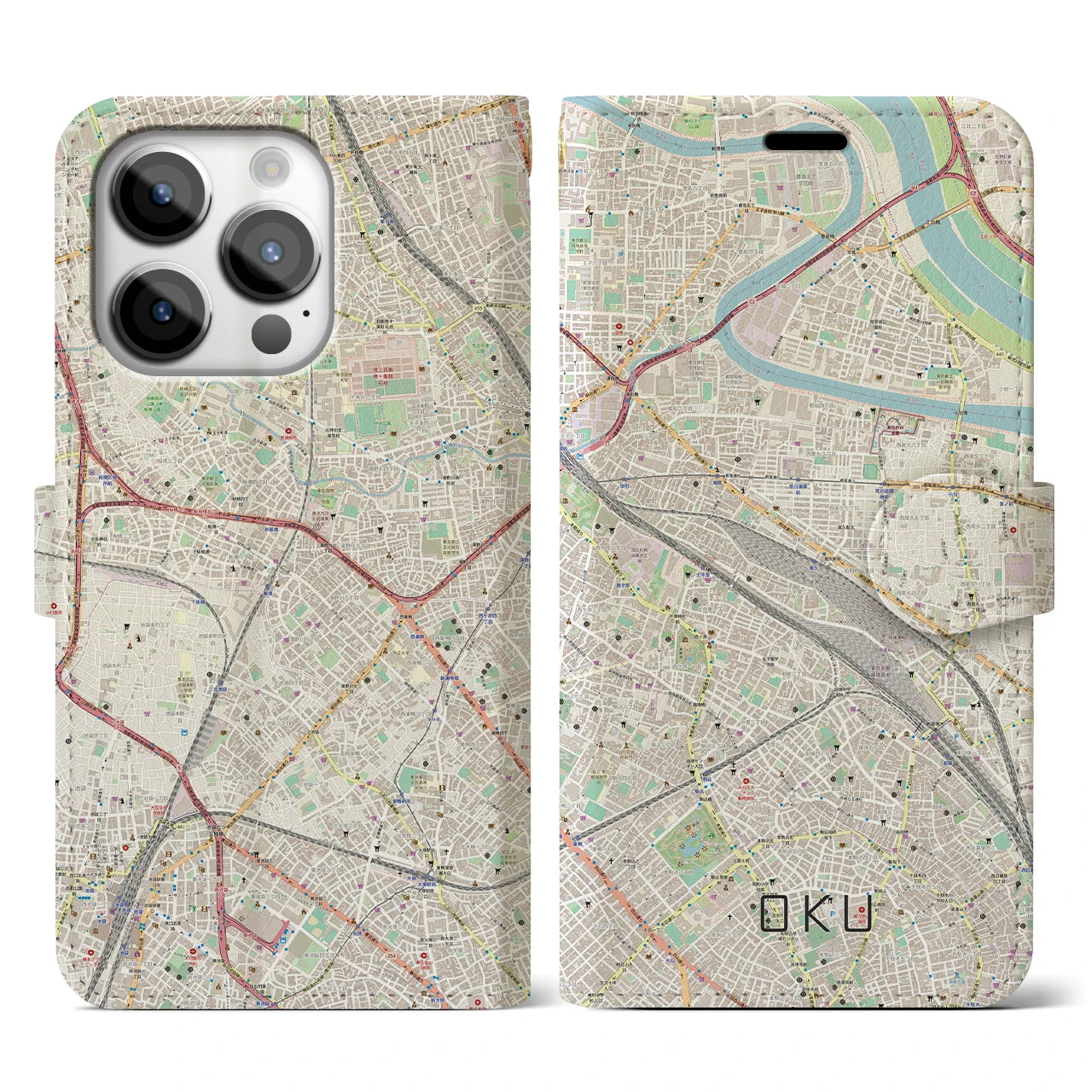 【尾久(東京都)】地図柄iPhoneケース(手帳タイプ)ナチュラル・iPhone 14 Pro 用