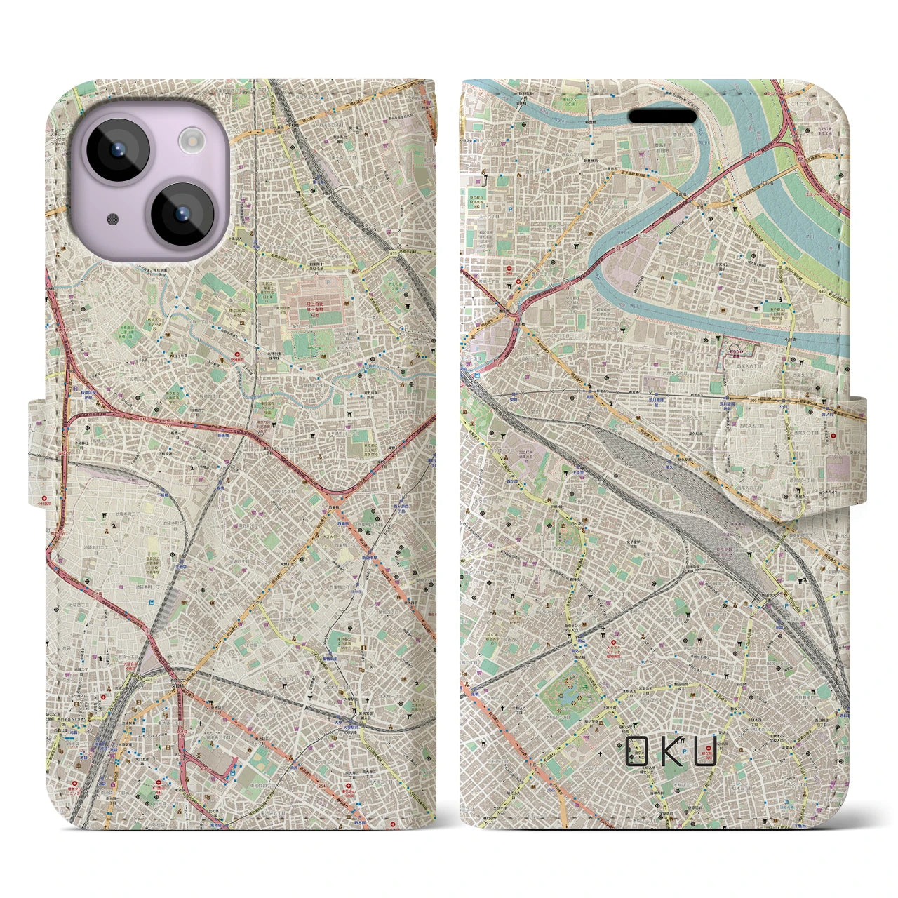 【尾久(東京都)】地図柄iPhoneケース(手帳タイプ)ナチュラル・iPhone 14 用