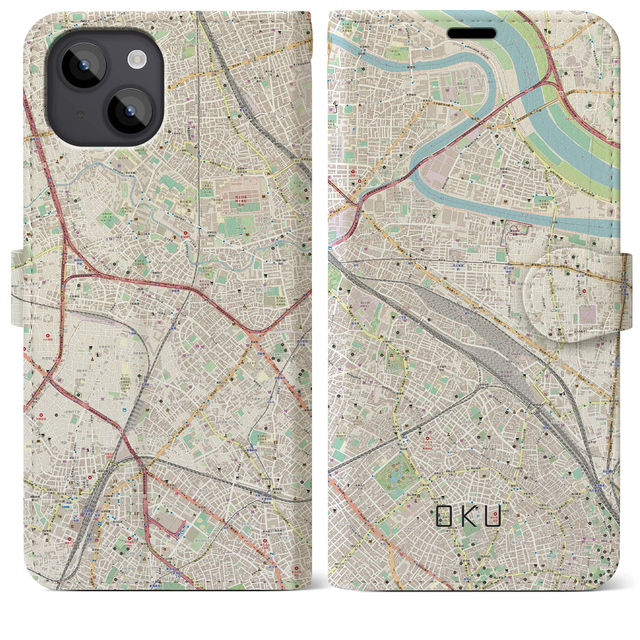 【尾久(東京都)】地図柄iPhoneケース(手帳タイプ)ナチュラル・iPhone 14 Plus 用