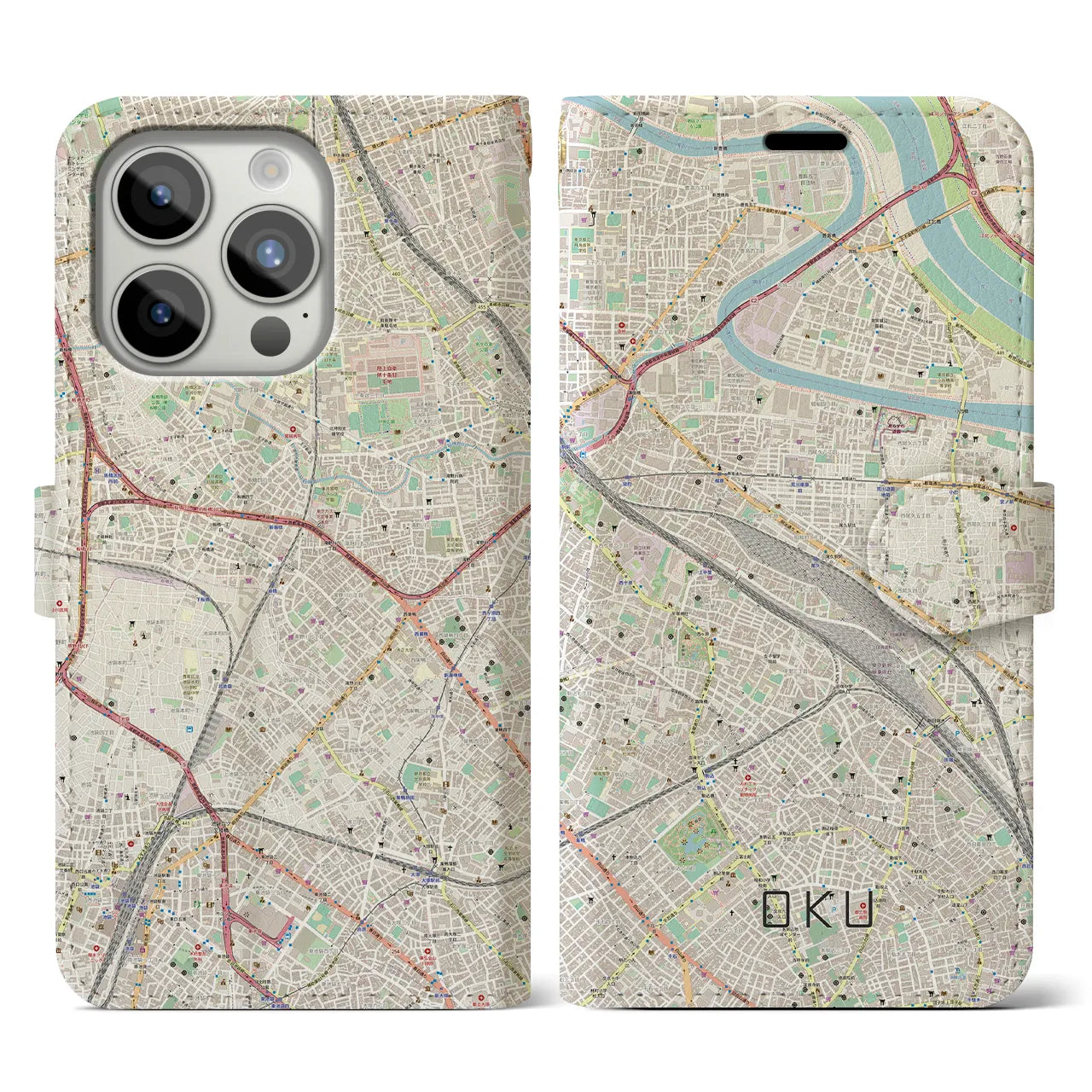【尾久(東京都)】地図柄iPhoneケース(手帳タイプ)ナチュラル・iPhone 15 Pro 用
