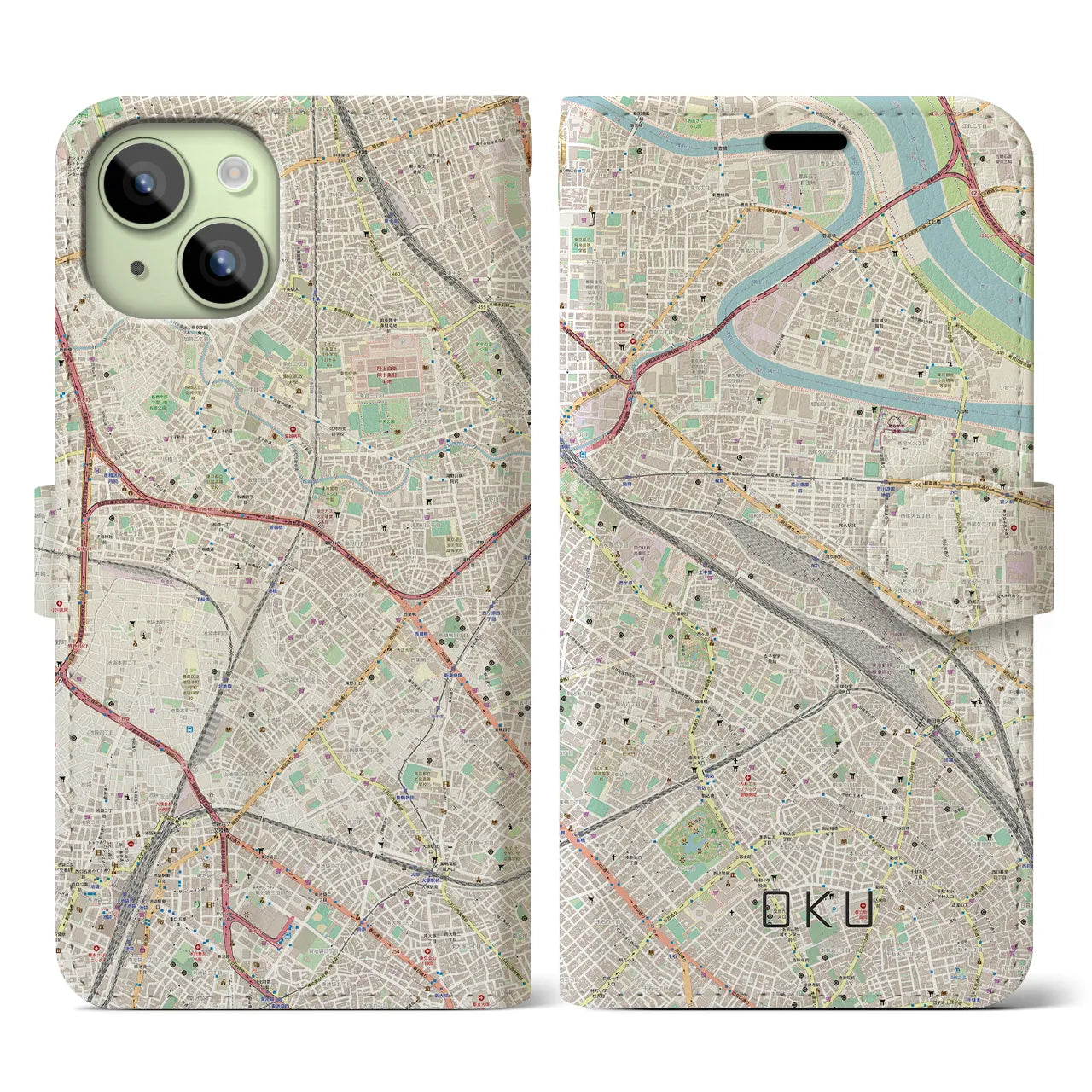 【尾久(東京都)】地図柄iPhoneケース(手帳タイプ)ナチュラル・iPhone 15 用