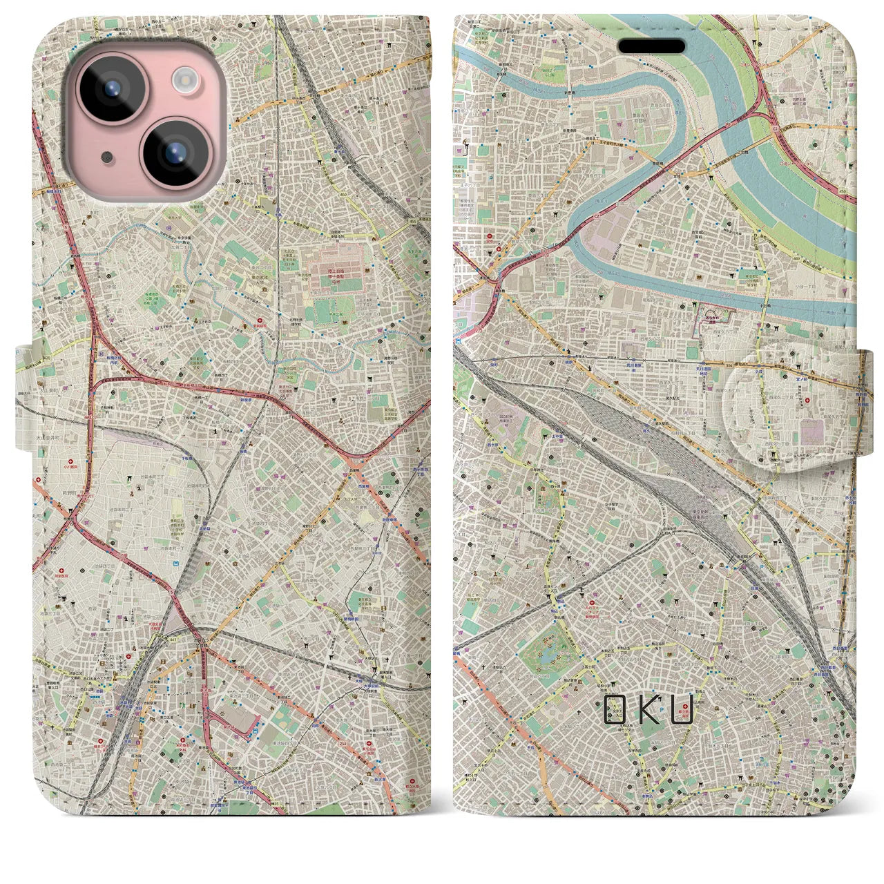 【尾久(東京都)】地図柄iPhoneケース(手帳タイプ)ナチュラル・iPhone 15 Plus 用