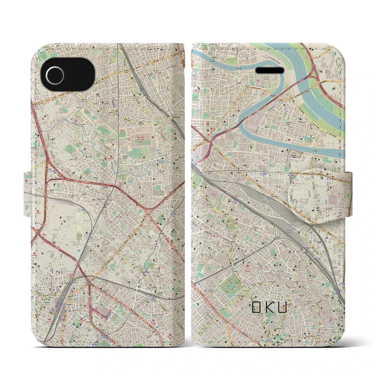 【尾久(東京都)】地図柄iPhoneケース(手帳タイプ)ナチュラル・iPhone SE(第3 / 第2世代) / 8 / 7 / 6s / 6 用