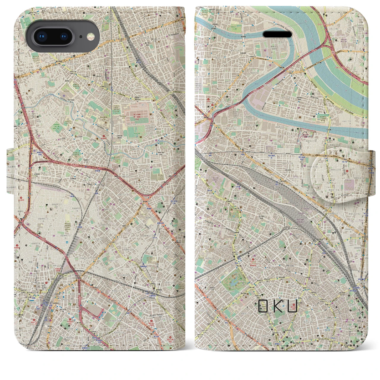 【尾久(東京都)】地図柄iPhoneケース(手帳タイプ)ナチュラル・iPhone 8Plus /7Plus / 6sPlus / 6Plus 用