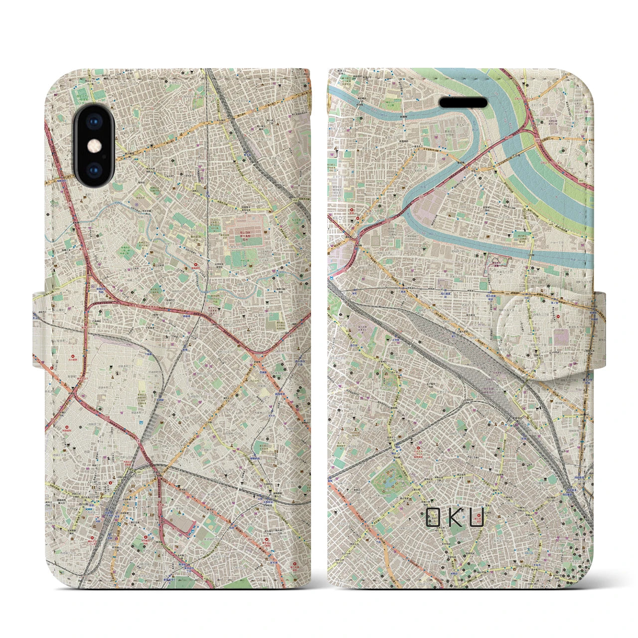 【尾久(東京都)】地図柄iPhoneケース(手帳タイプ)ナチュラル・iPhone XS / X 用