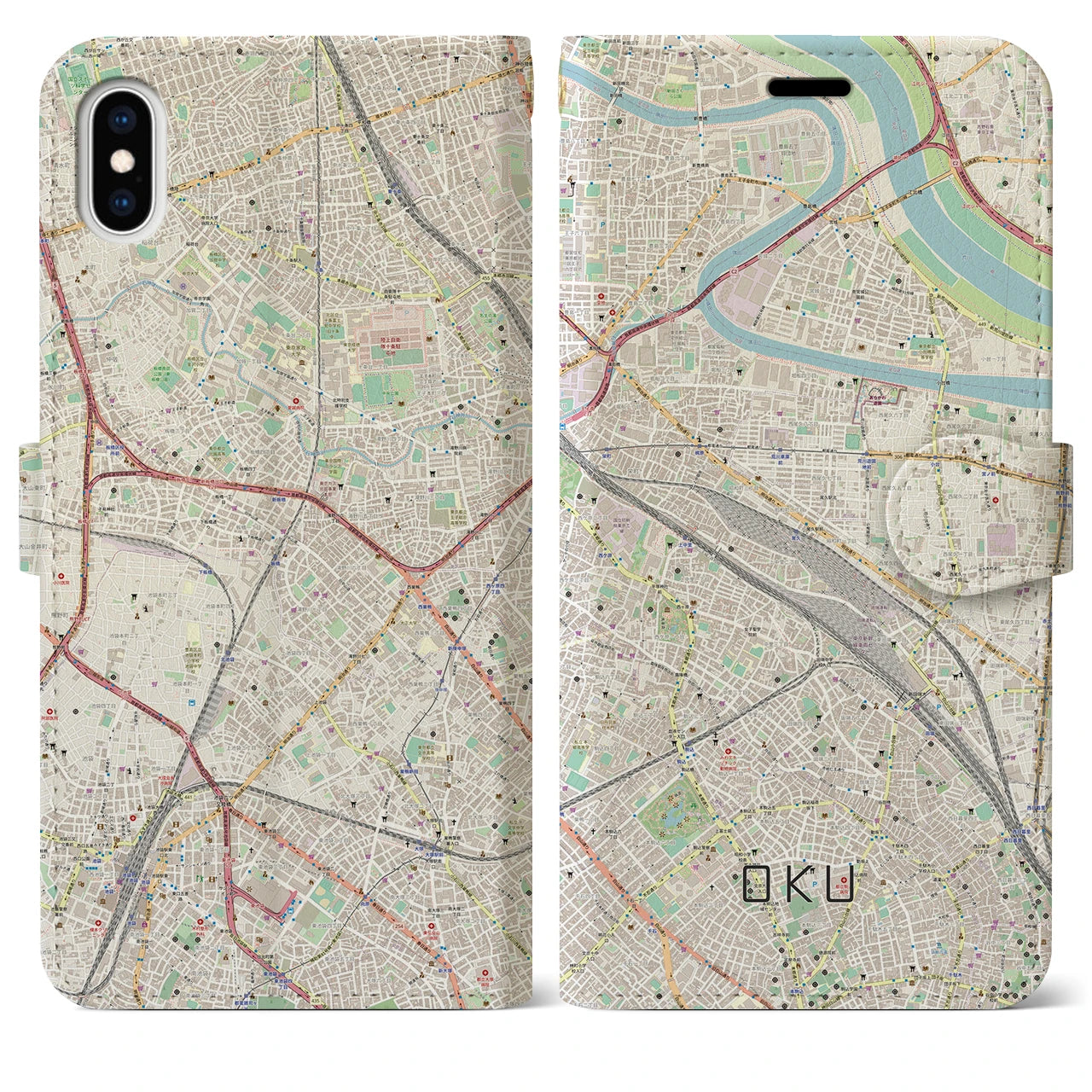 【尾久(東京都)】地図柄iPhoneケース(手帳タイプ)ナチュラル・iPhone XS Max 用