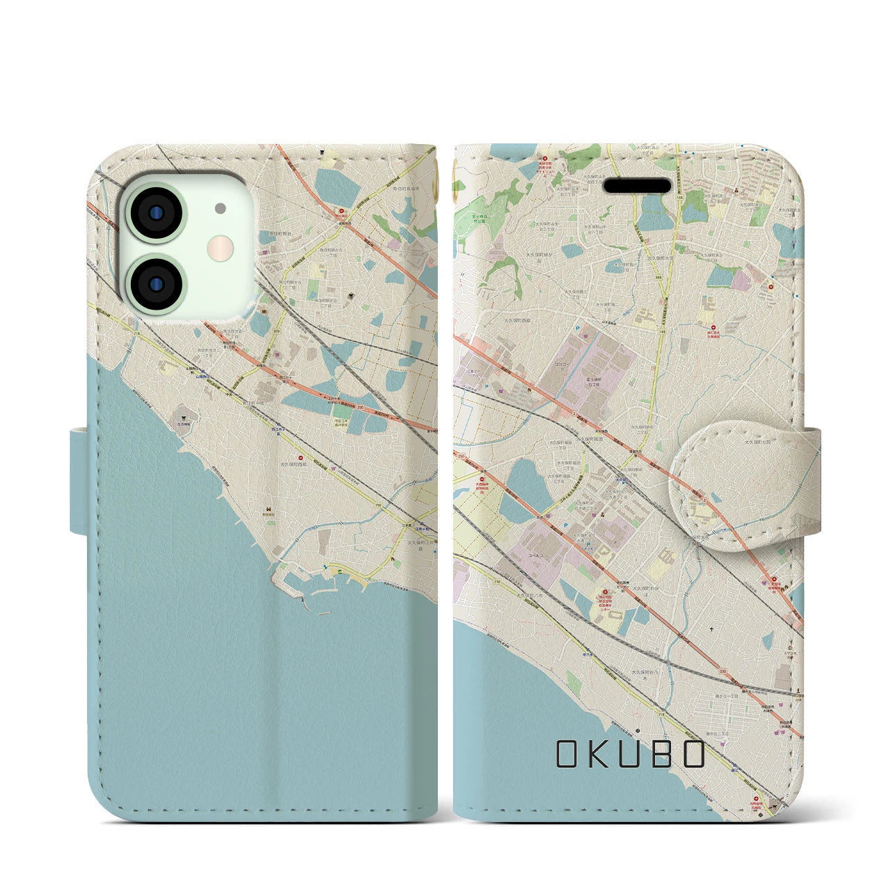【大久保(兵庫県)】地図柄iPhoneケース(手帳タイプ)ナチュラル・iPhone 12 mini 用