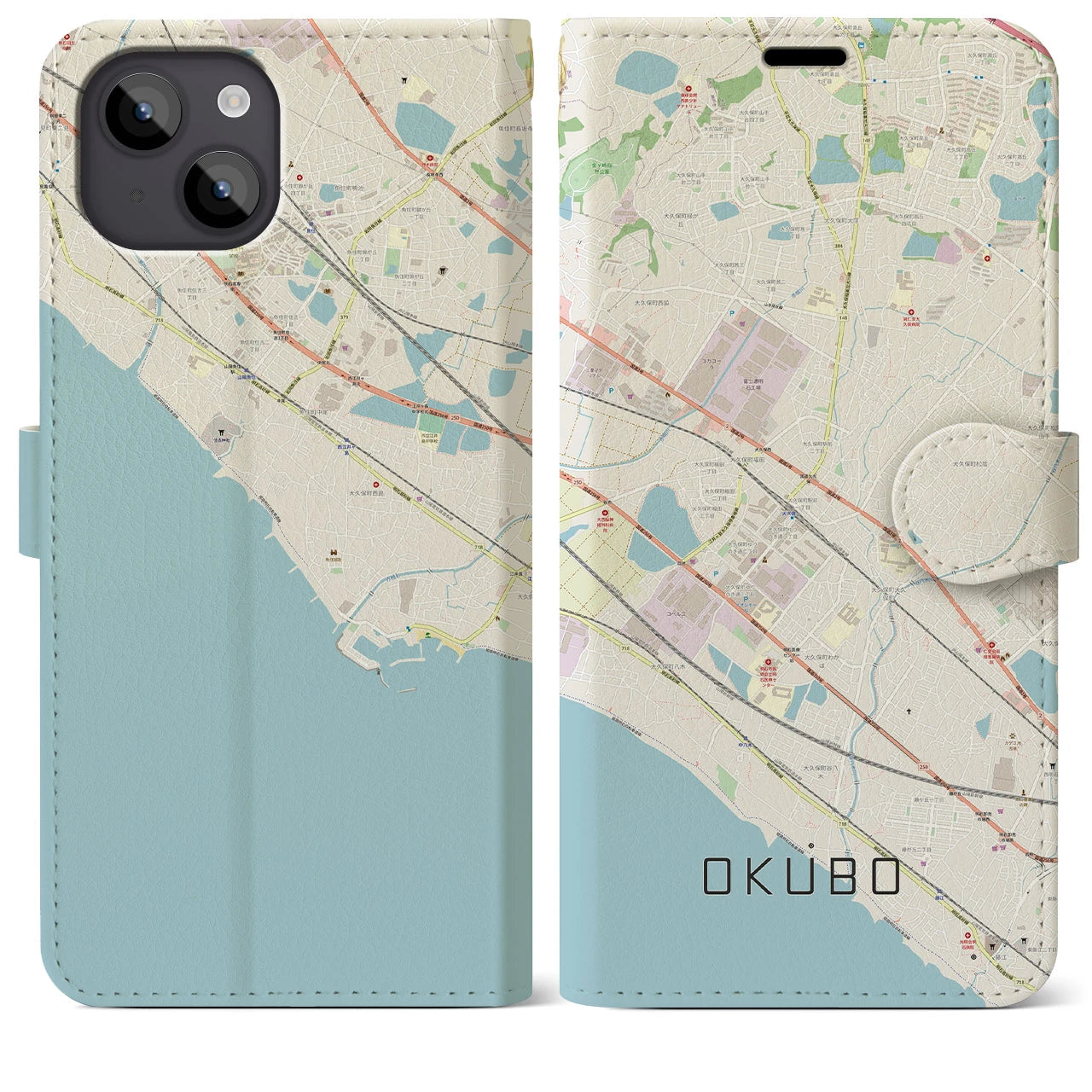 【大久保(兵庫県)】地図柄iPhoneケース(手帳タイプ)ナチュラル・iPhone 14 Plus 用
