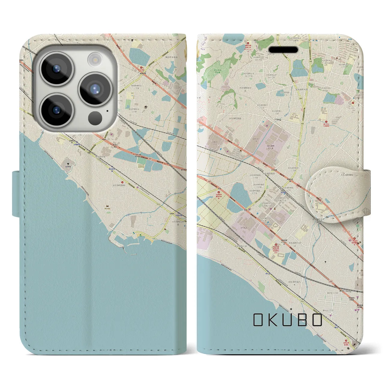 【大久保(兵庫県)】地図柄iPhoneケース(手帳タイプ)ナチュラル・iPhone 15 Pro 用