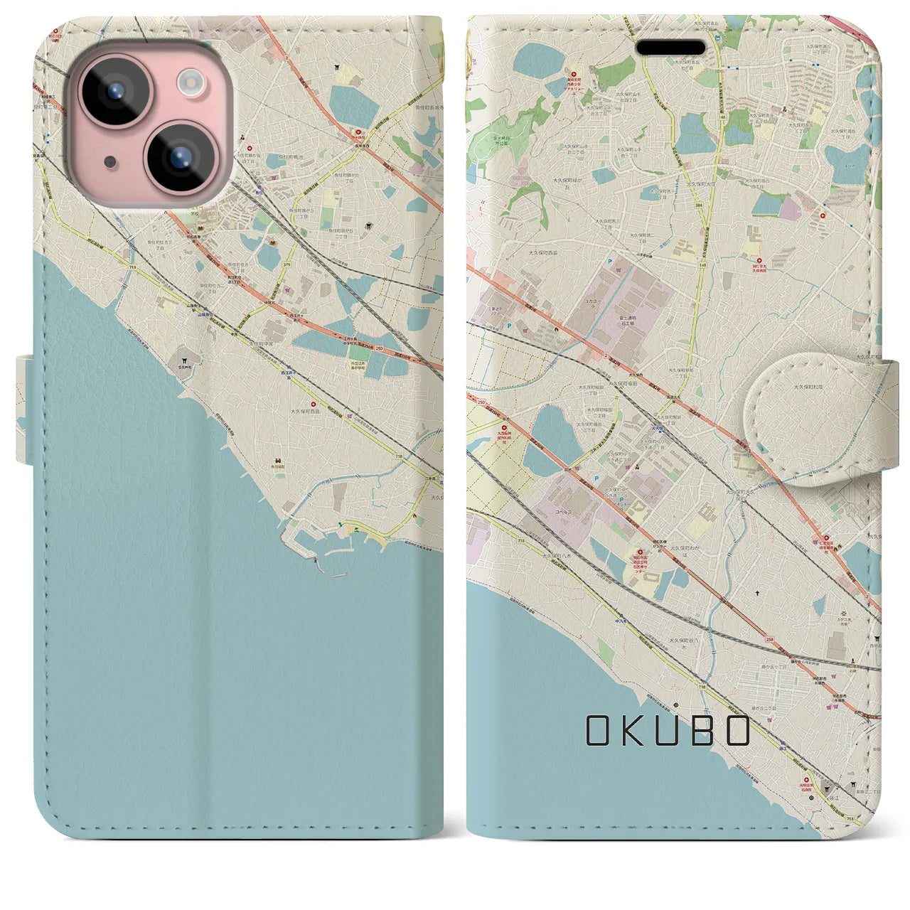 【大久保(兵庫県)】地図柄iPhoneケース(手帳タイプ)ナチュラル・iPhone 15 Plus 用