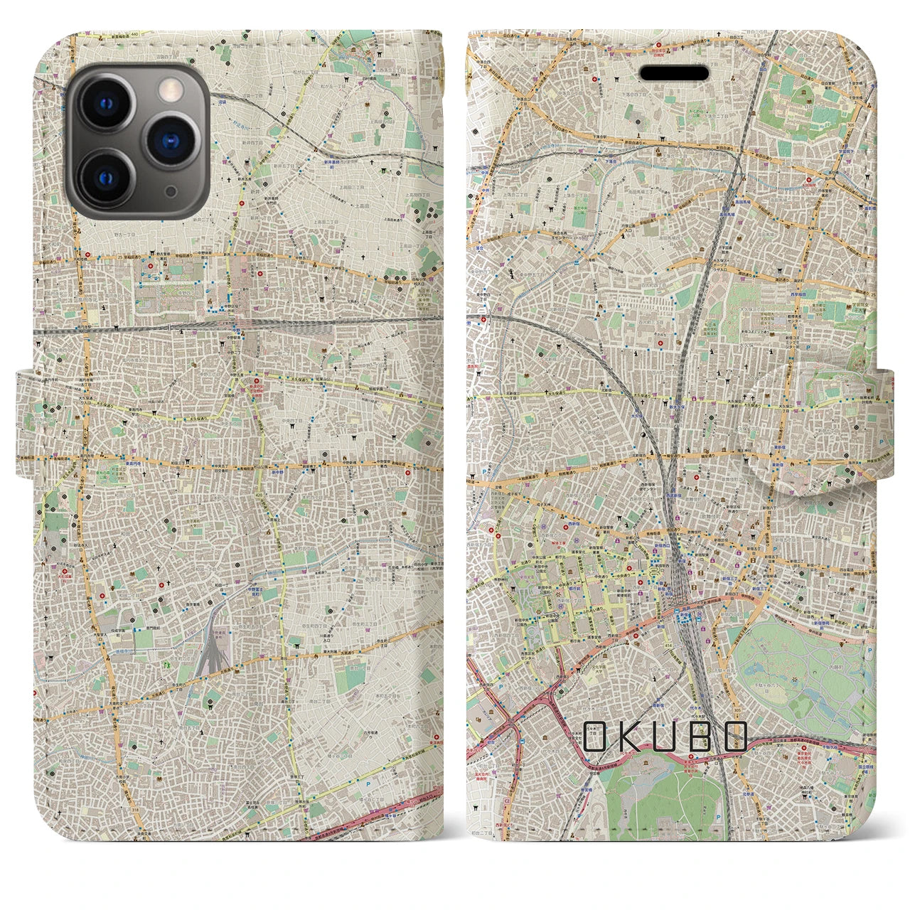 【大久保(東京都)】地図柄iPhoneケース(手帳タイプ)ナチュラル・iPhone 11 Pro Max 用