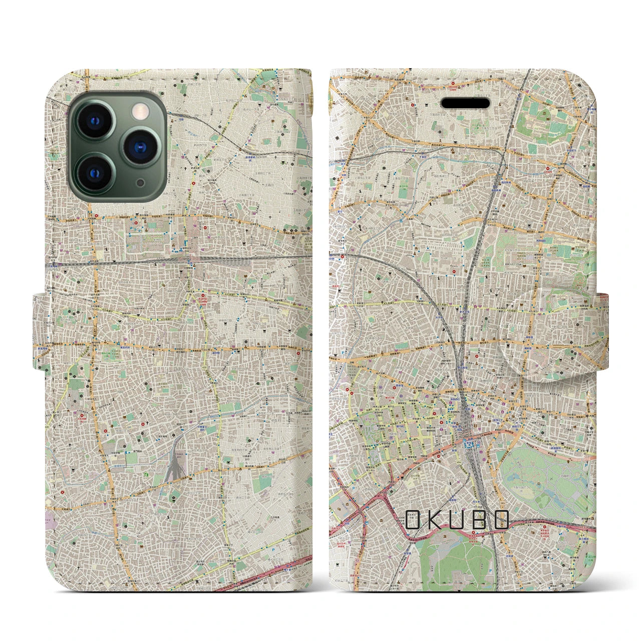 【大久保(東京都)】地図柄iPhoneケース(手帳タイプ)ナチュラル・iPhone 11 Pro 用