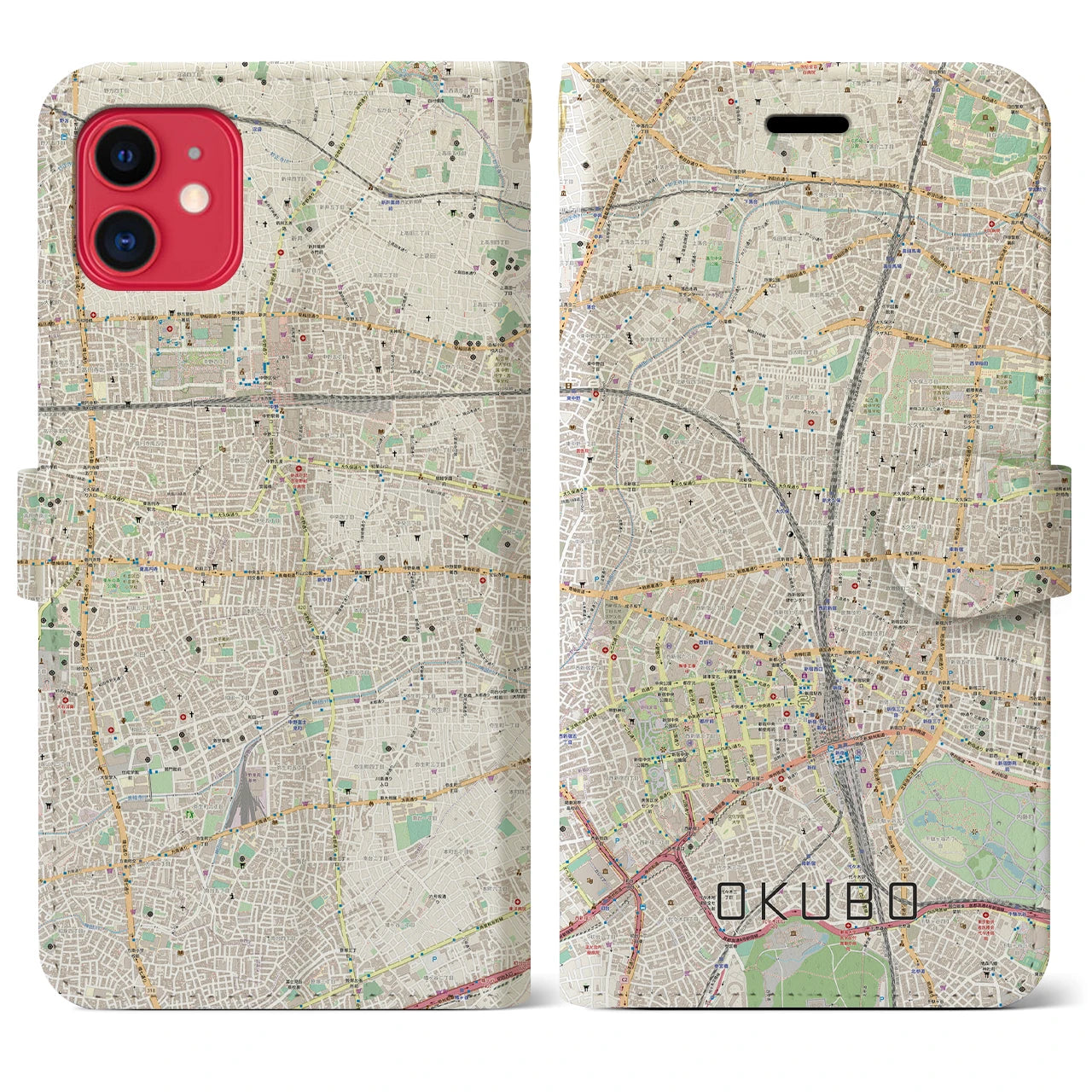 【大久保(東京都)】地図柄iPhoneケース(手帳タイプ)ナチュラル・iPhone 11 用