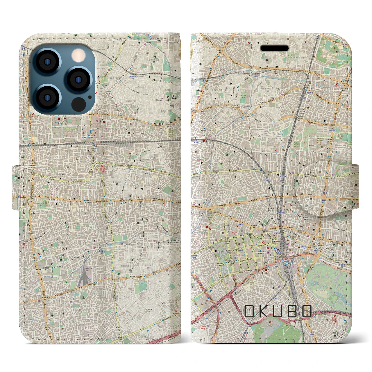 【大久保(東京都)】地図柄iPhoneケース(手帳タイプ)ナチュラル・iPhone 12 / 12 Pro 用
