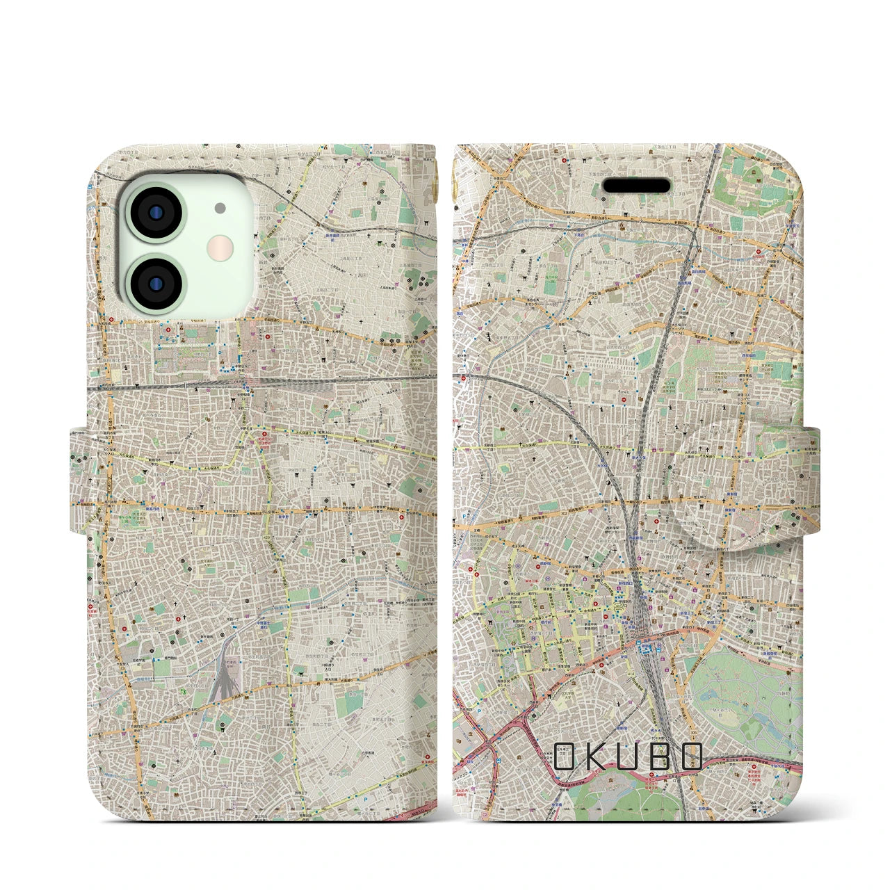 【大久保(東京都)】地図柄iPhoneケース(手帳タイプ)ナチュラル・iPhone 12 mini 用