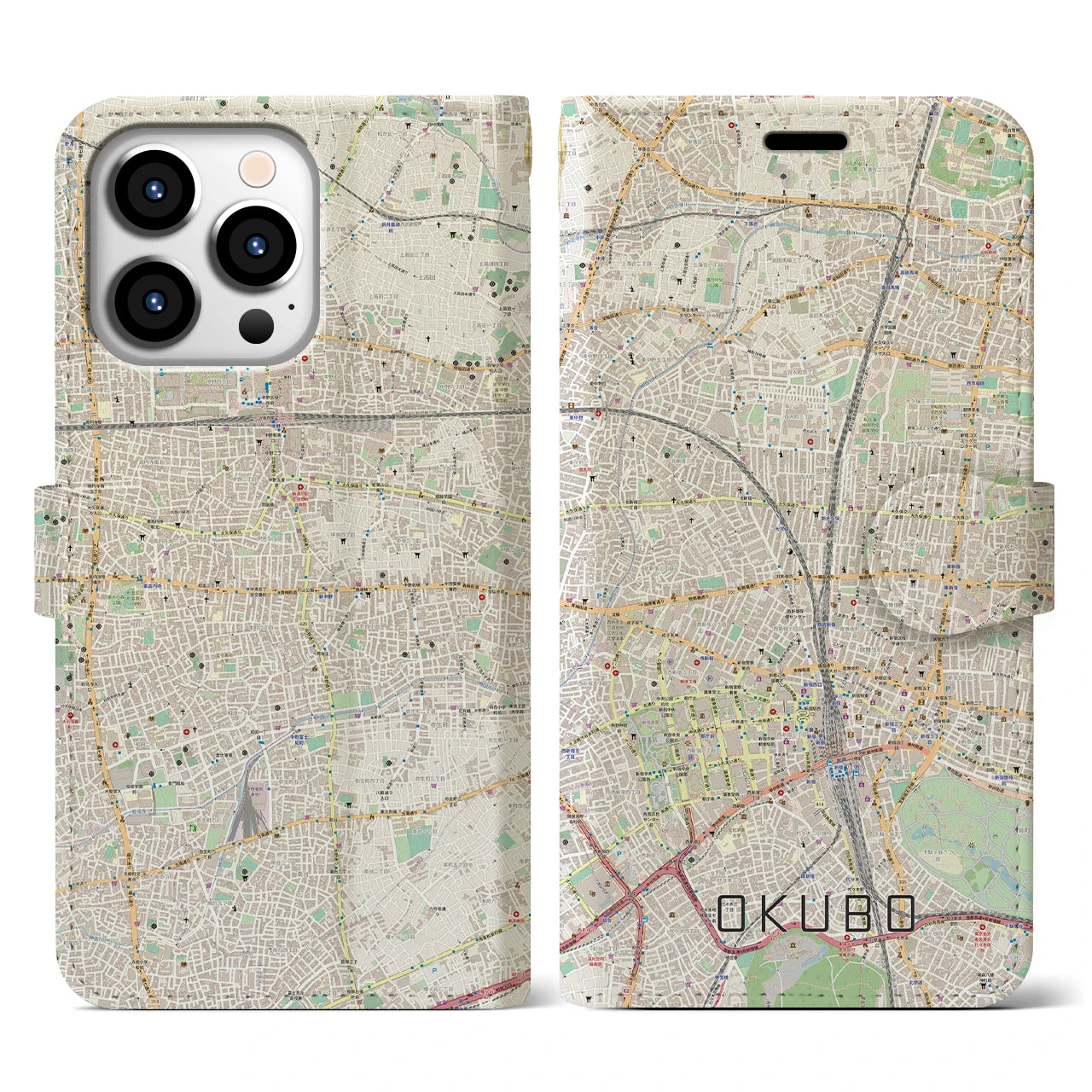 【大久保(東京都)】地図柄iPhoneケース(手帳タイプ)ナチュラル・iPhone 13 Pro 用