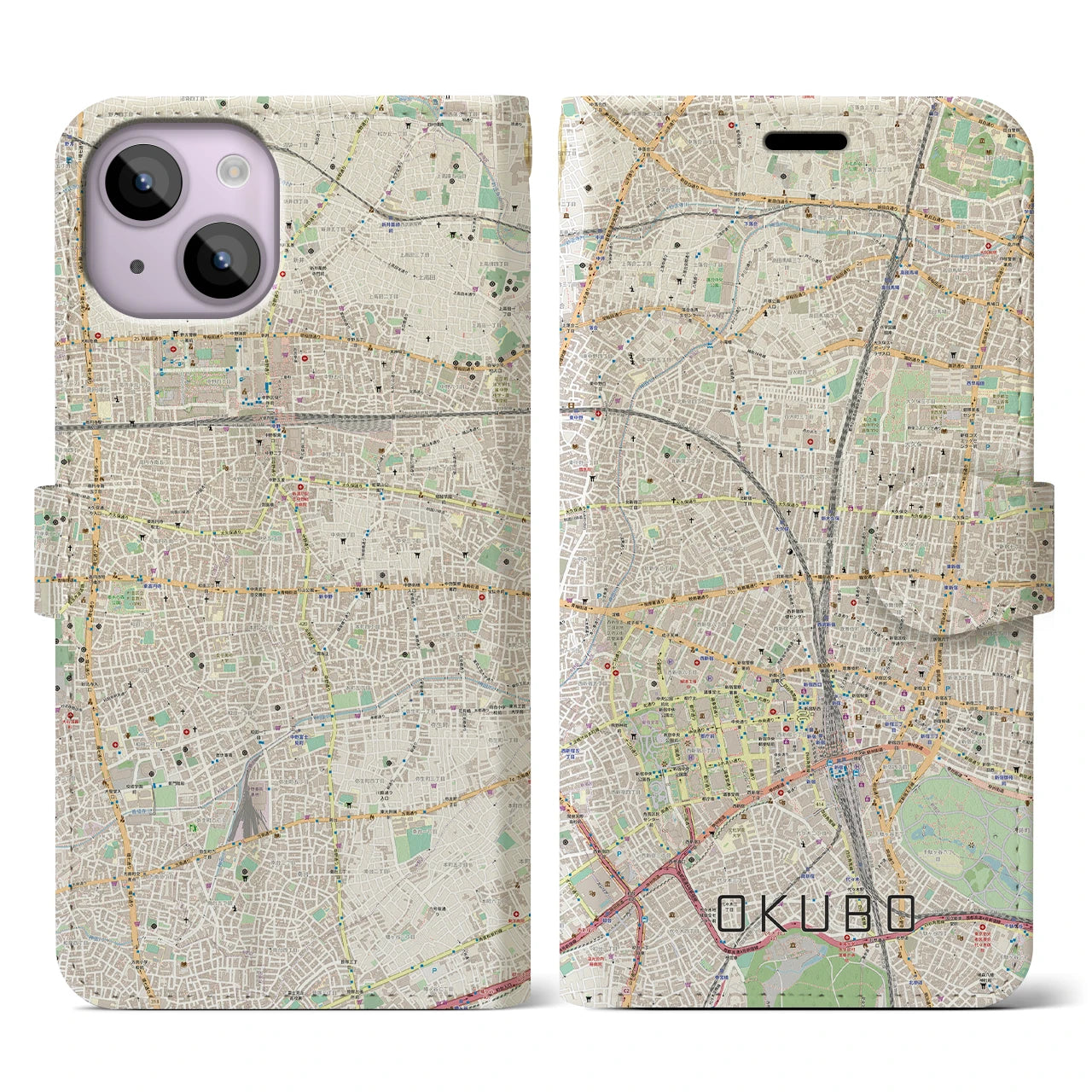 【大久保(東京都)】地図柄iPhoneケース(手帳タイプ)ナチュラル・iPhone 14 用