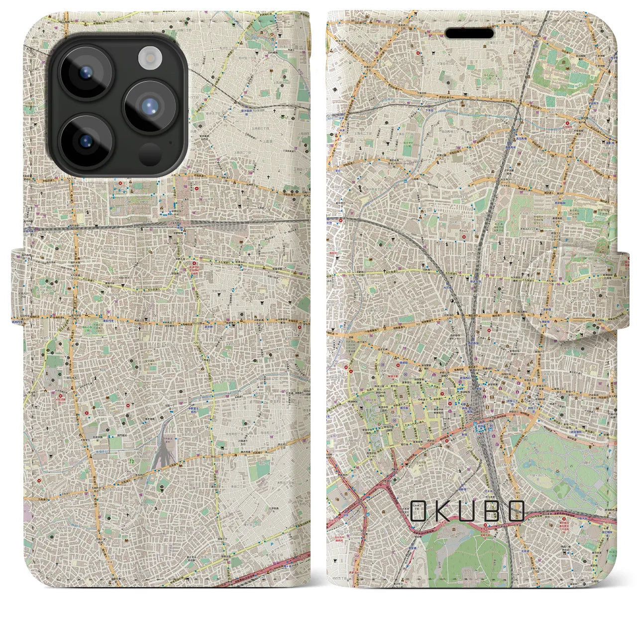 【大久保(東京都)】地図柄iPhoneケース(手帳タイプ)ナチュラル・iPhone 15 Pro Max 用