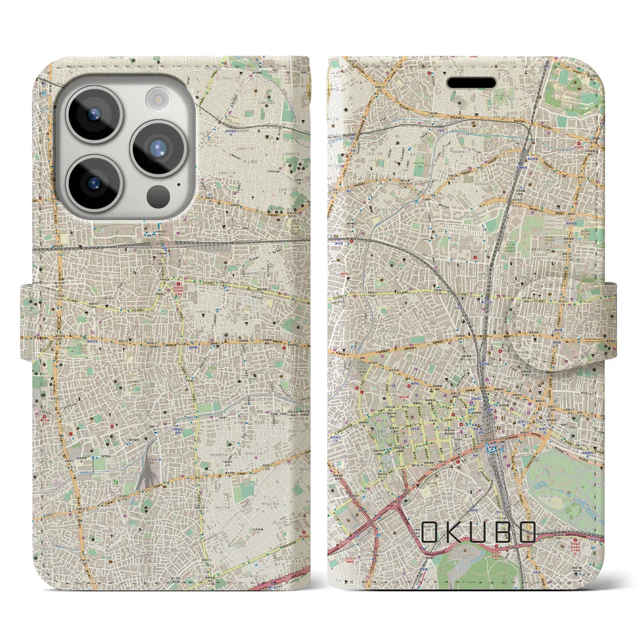 【大久保(東京都)】地図柄iPhoneケース(手帳タイプ)ナチュラル・iPhone 15 Pro 用