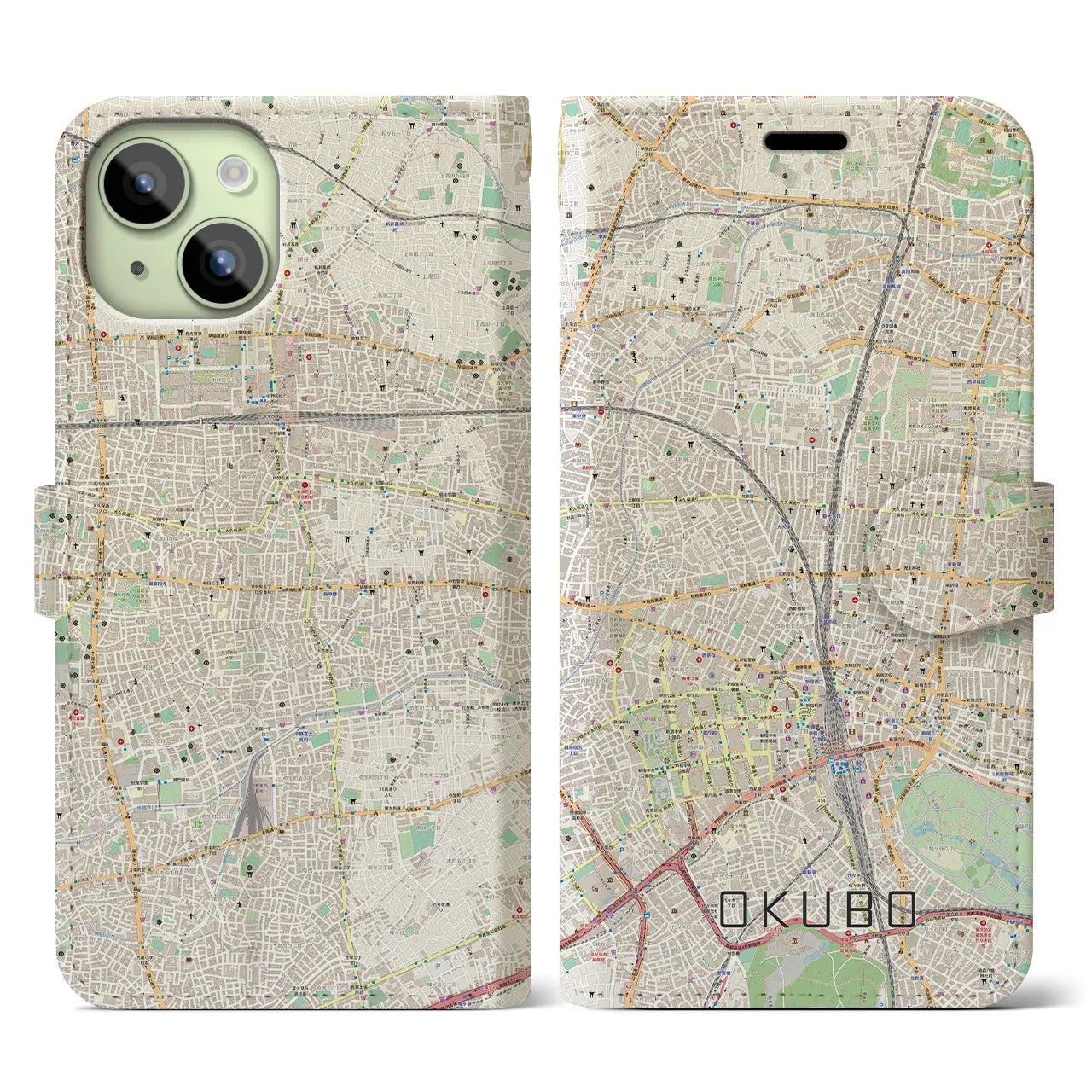 【大久保(東京都)】地図柄iPhoneケース(手帳タイプ)ナチュラル・iPhone 15 用