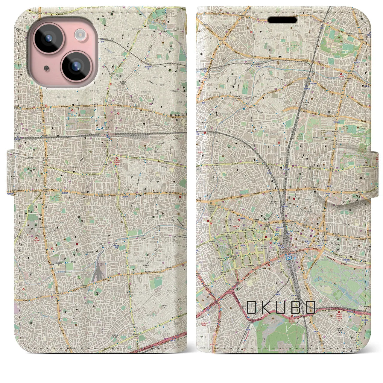 【大久保(東京都)】地図柄iPhoneケース(手帳タイプ)ナチュラル・iPhone 15 Plus 用