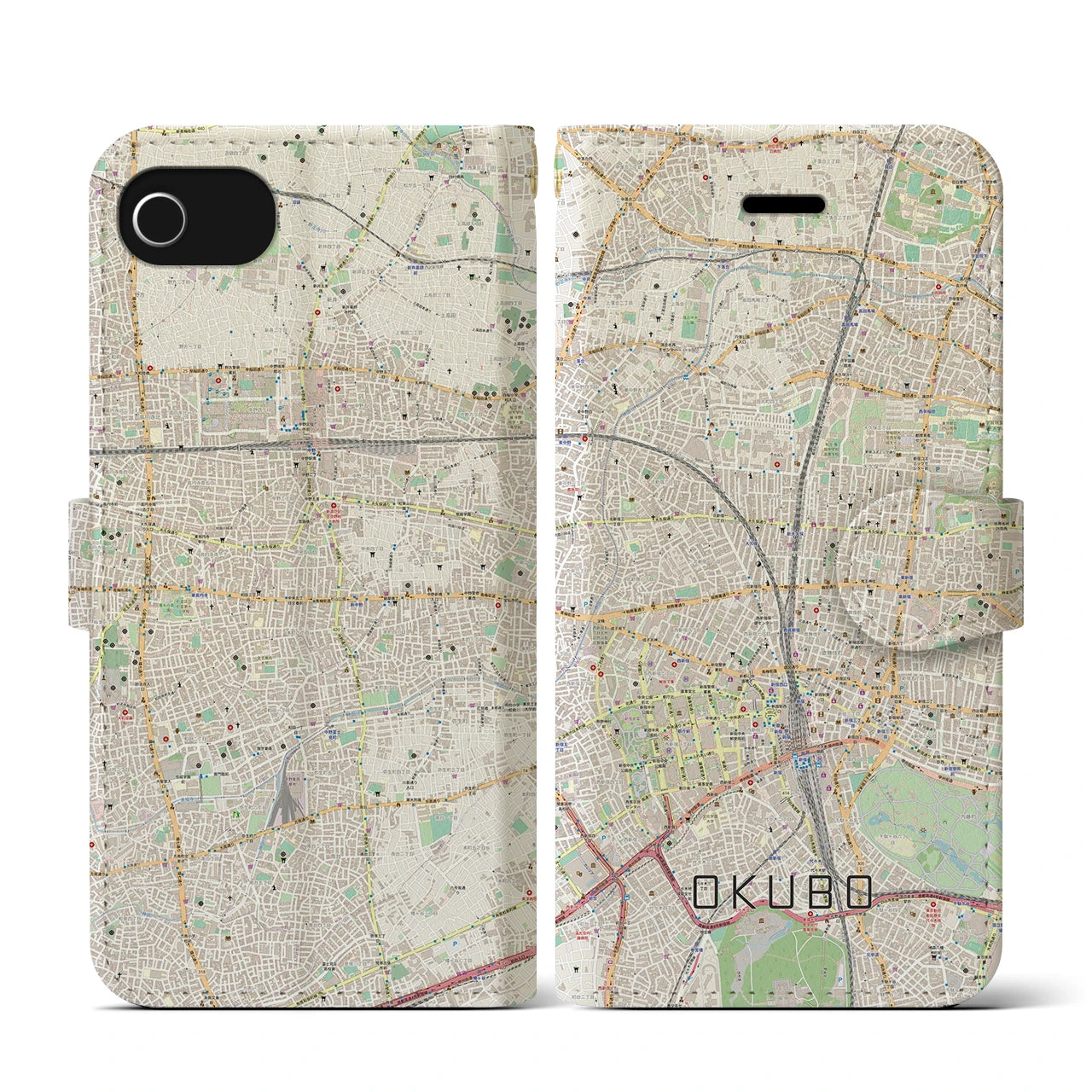 【大久保(東京都)】地図柄iPhoneケース(手帳タイプ)ナチュラル・iPhone SE(第3 / 第2世代) / 8 / 7 / 6s / 6 用