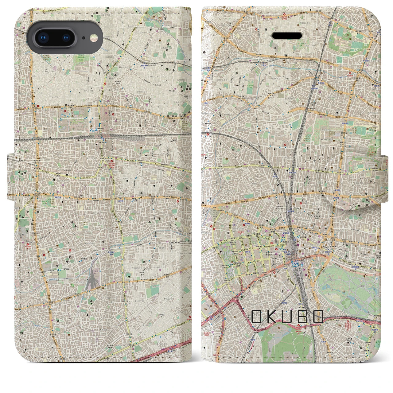 【大久保(東京都)】地図柄iPhoneケース(手帳タイプ)ナチュラル・iPhone 8Plus /7Plus / 6sPlus / 6Plus 用