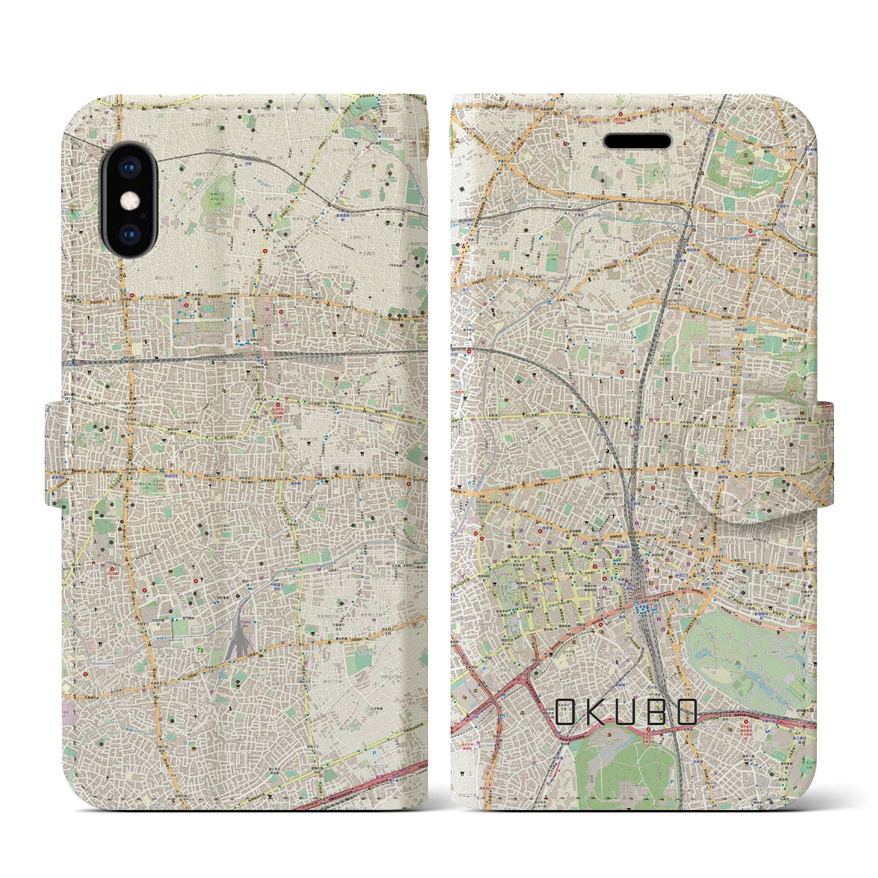 【大久保(東京都)】地図柄iPhoneケース(手帳タイプ)ナチュラル・iPhone XS / X 用