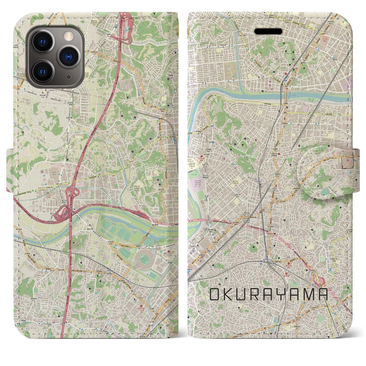 【大倉山(神奈川県)】地図柄iPhoneケース(手帳タイプ)ナチュラル・iPhone 11 Pro Max 用