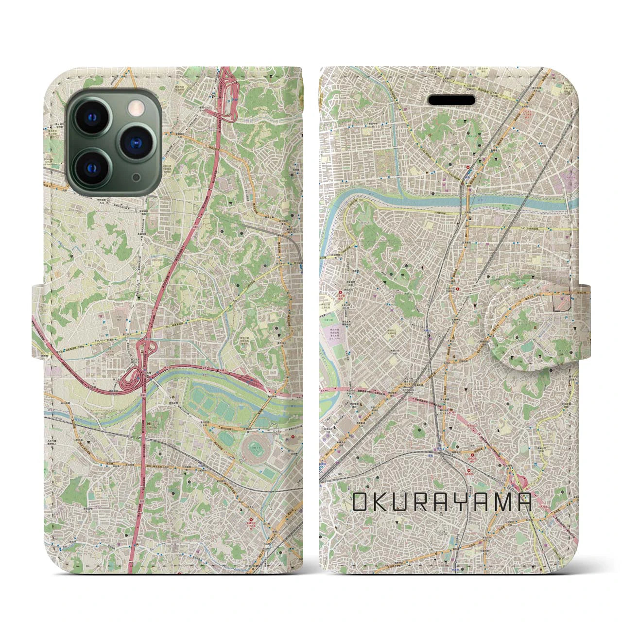 【大倉山(神奈川県)】地図柄iPhoneケース(手帳タイプ)ナチュラル・iPhone 11 Pro 用