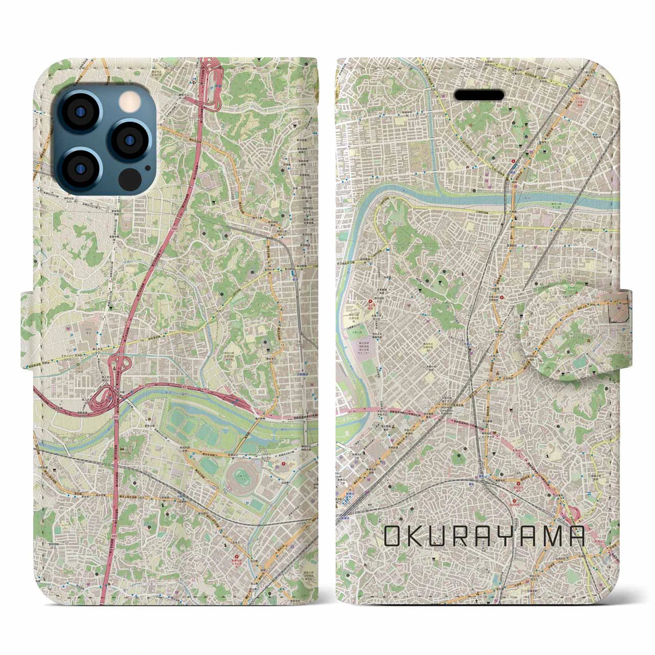【大倉山(神奈川県)】地図柄iPhoneケース(手帳タイプ)ナチュラル・iPhone 12 / 12 Pro 用