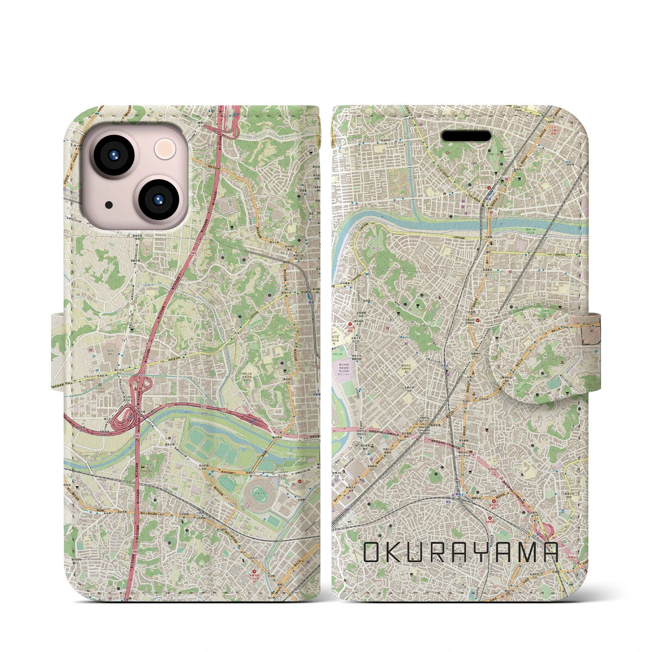 【大倉山(神奈川県)】地図柄iPhoneケース(手帳タイプ)ナチュラル・iPhone 13 mini 用