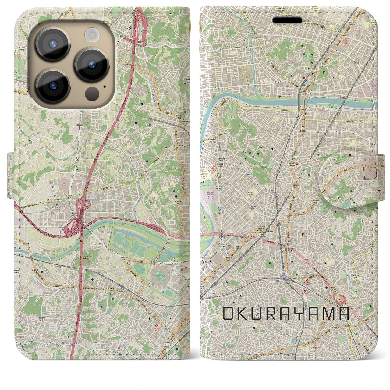 【大倉山(神奈川県)】地図柄iPhoneケース(手帳タイプ)ナチュラル・iPhone 14 Pro Max 用