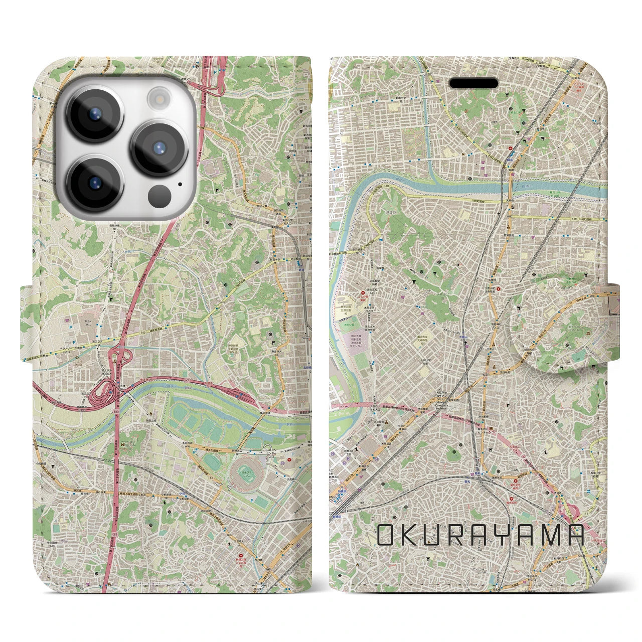 【大倉山(神奈川県)】地図柄iPhoneケース(手帳タイプ)ナチュラル・iPhone 14 Pro 用