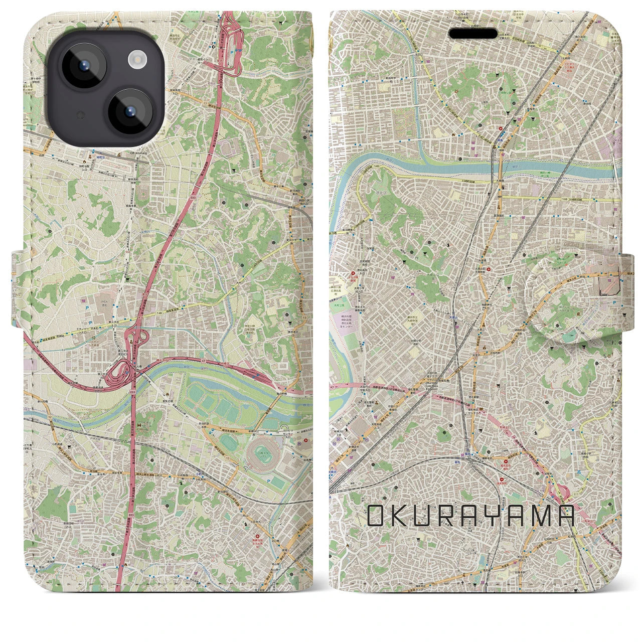 【大倉山(神奈川県)】地図柄iPhoneケース(手帳タイプ)ナチュラル・iPhone 14 Plus 用