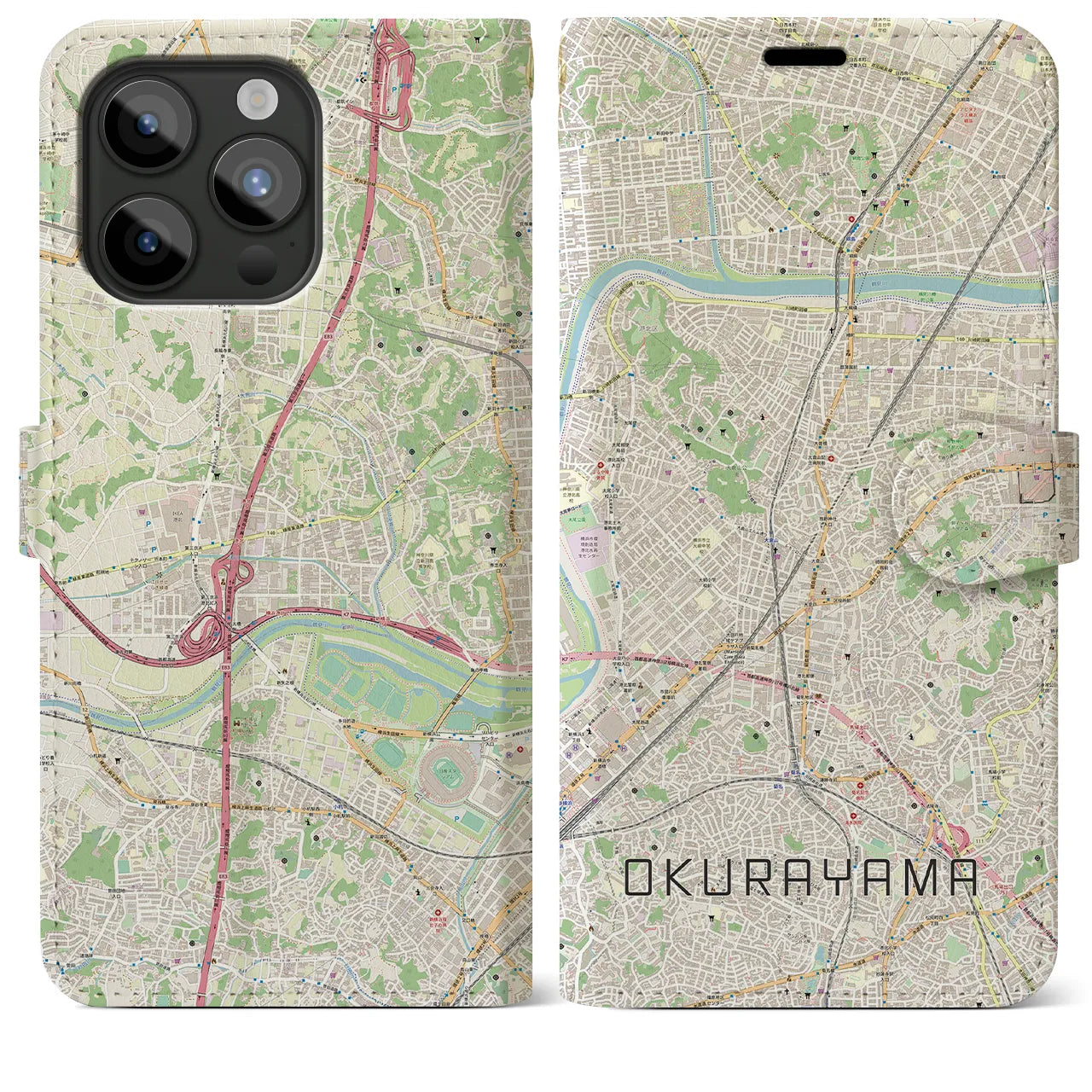 【大倉山(神奈川県)】地図柄iPhoneケース(手帳タイプ)ナチュラル・iPhone 15 Pro Max 用