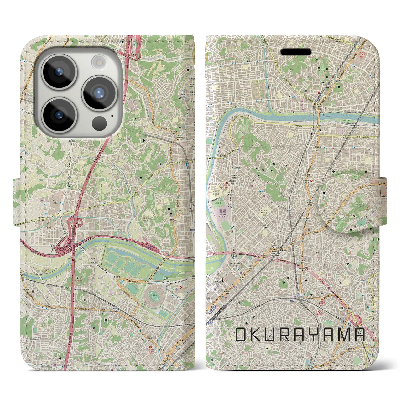 【大倉山(神奈川県)】地図柄iPhoneケース(手帳タイプ)ナチュラル・iPhone 15 Pro 用